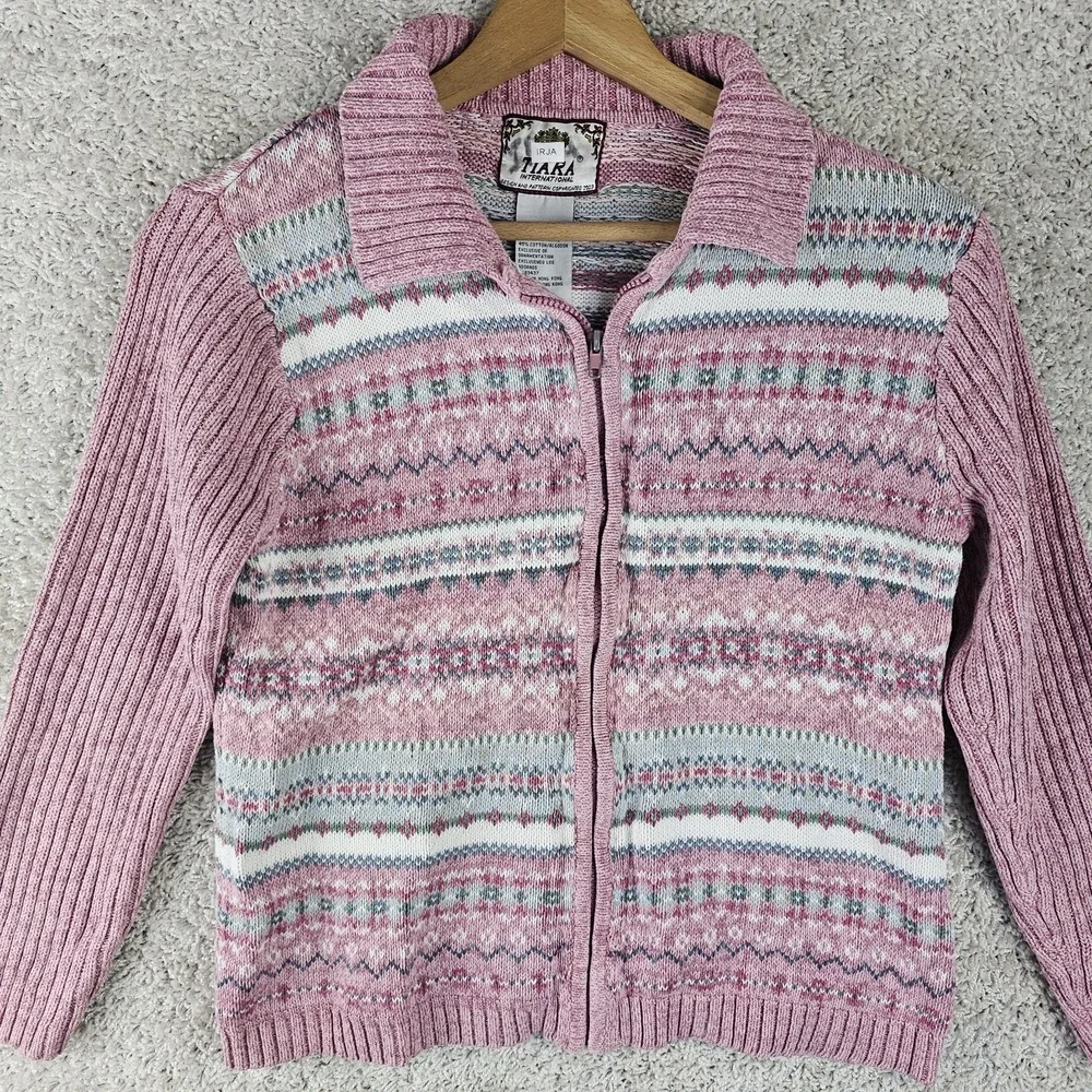 VTG Tiara International Fair Isle Nordic Sweater Cardigan Pink Size Small Zip